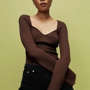 H&M Ribbed Brown Sweetheart Neckline Sweater​